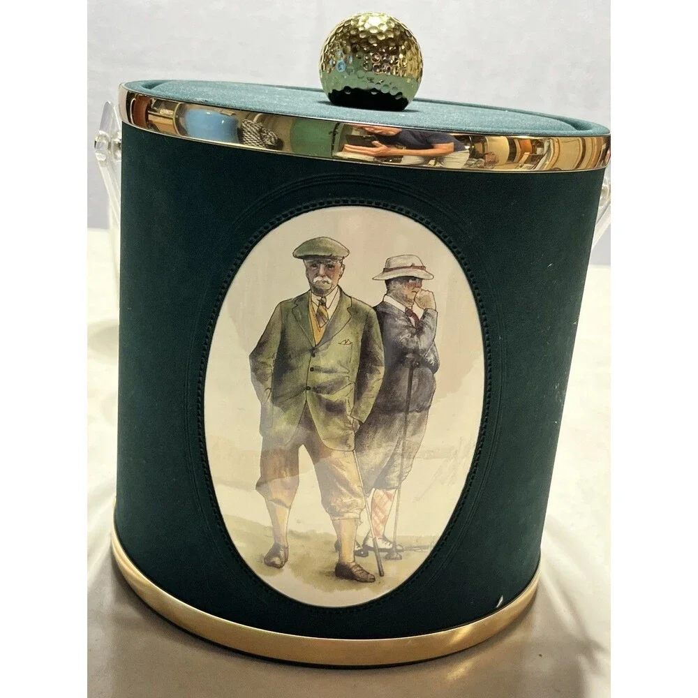 Vintage Golf Barware Set 4 Gold Rim 8 oz Tumblers Ice Bucket USA Made